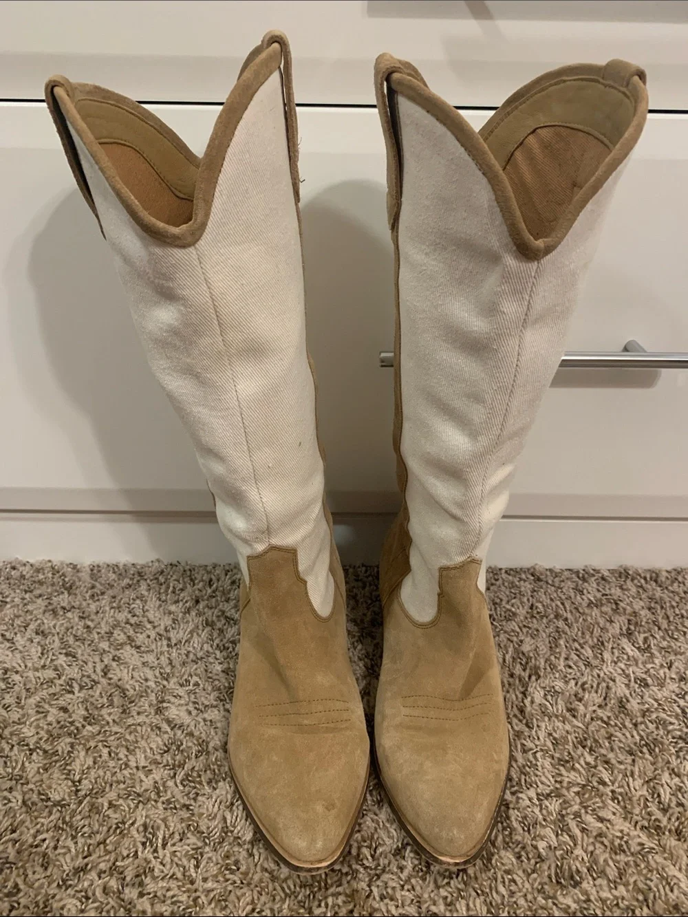 Urban Outfitters UO Leslie Tall Cowboy Boots in Tan and Cream